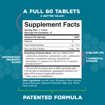 Dental Oral Probiotics with BLIS K12 & M18 – 7 Strains, 6 Billion CFU (Strawberry Vanilla Flavor)